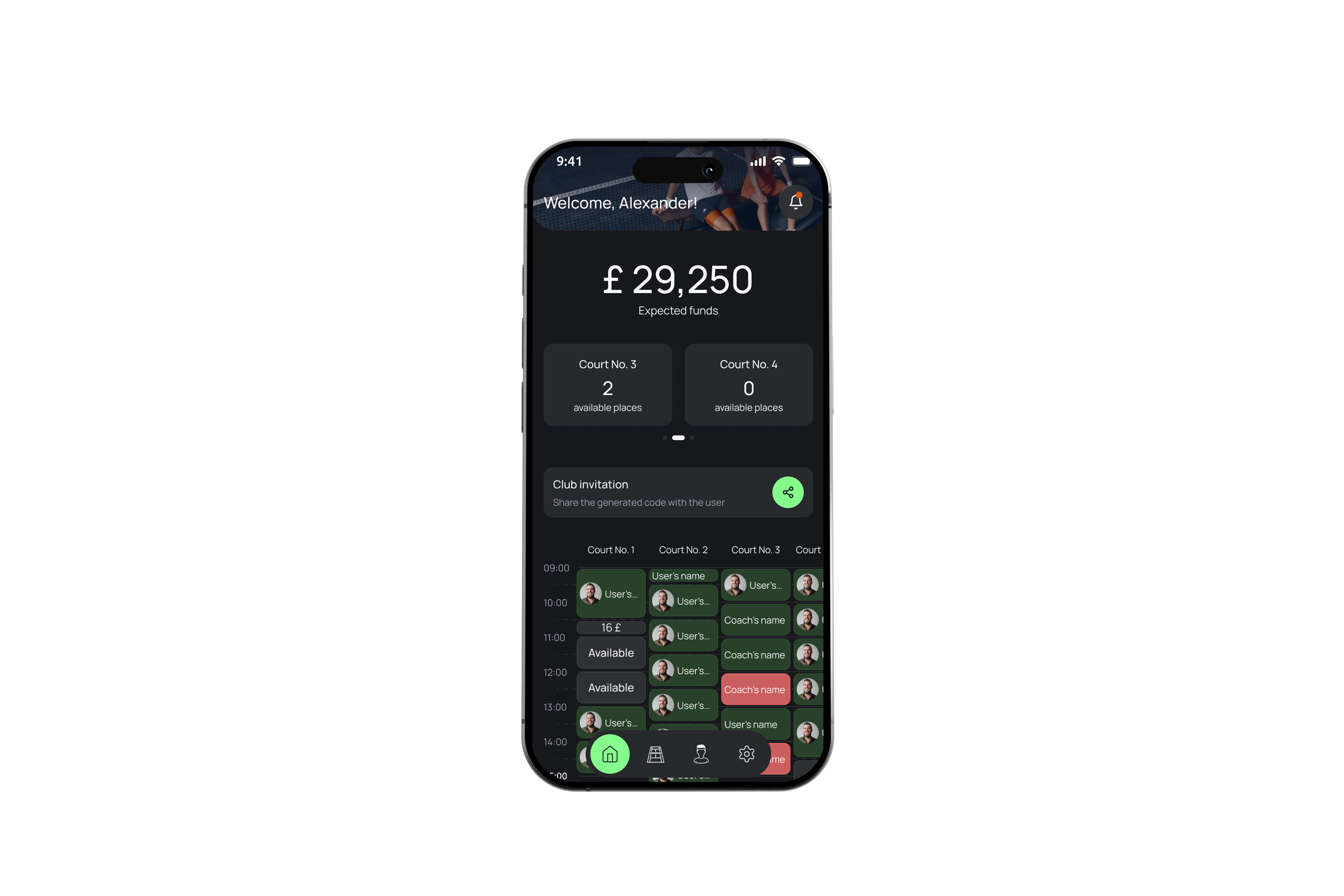 Coach schedule and bookings screen