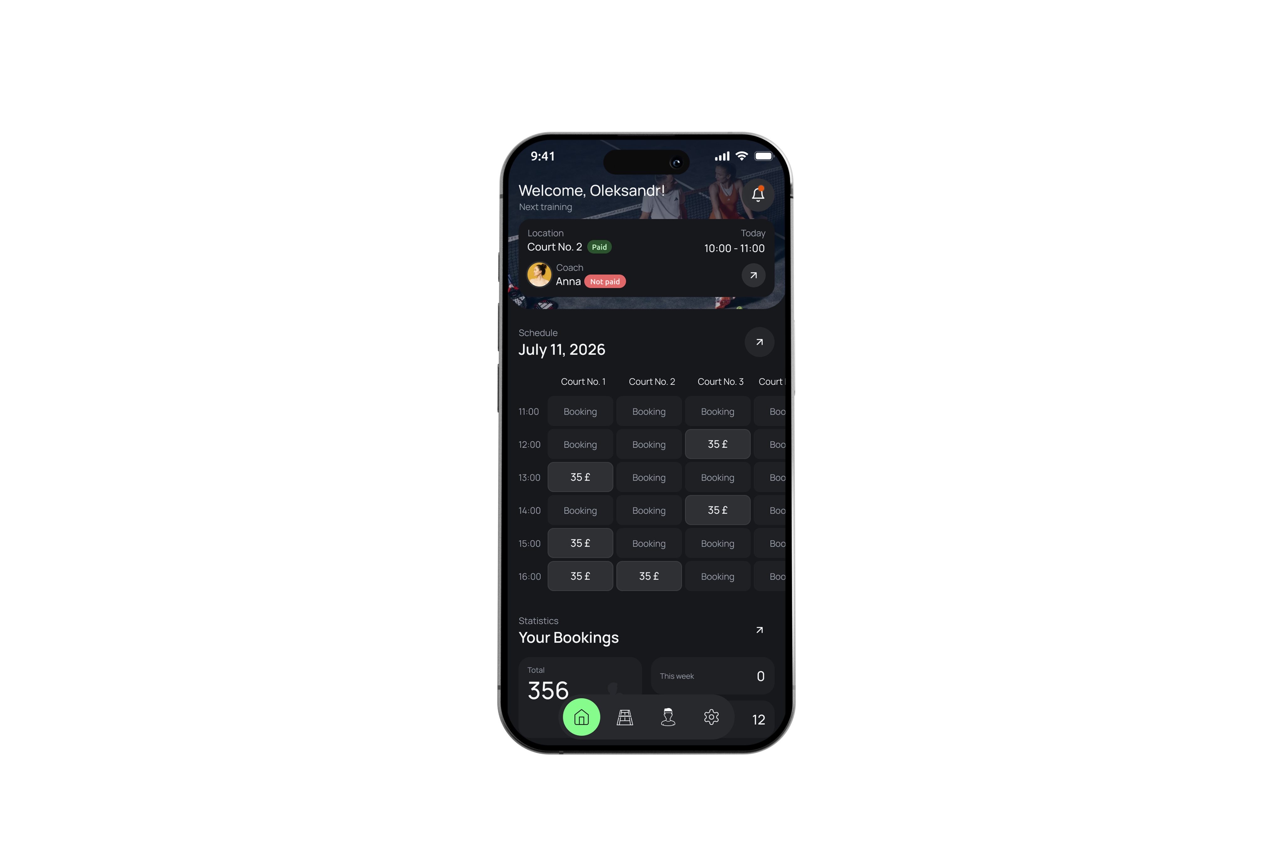 Real-time court booking dashboard in a club's branded app