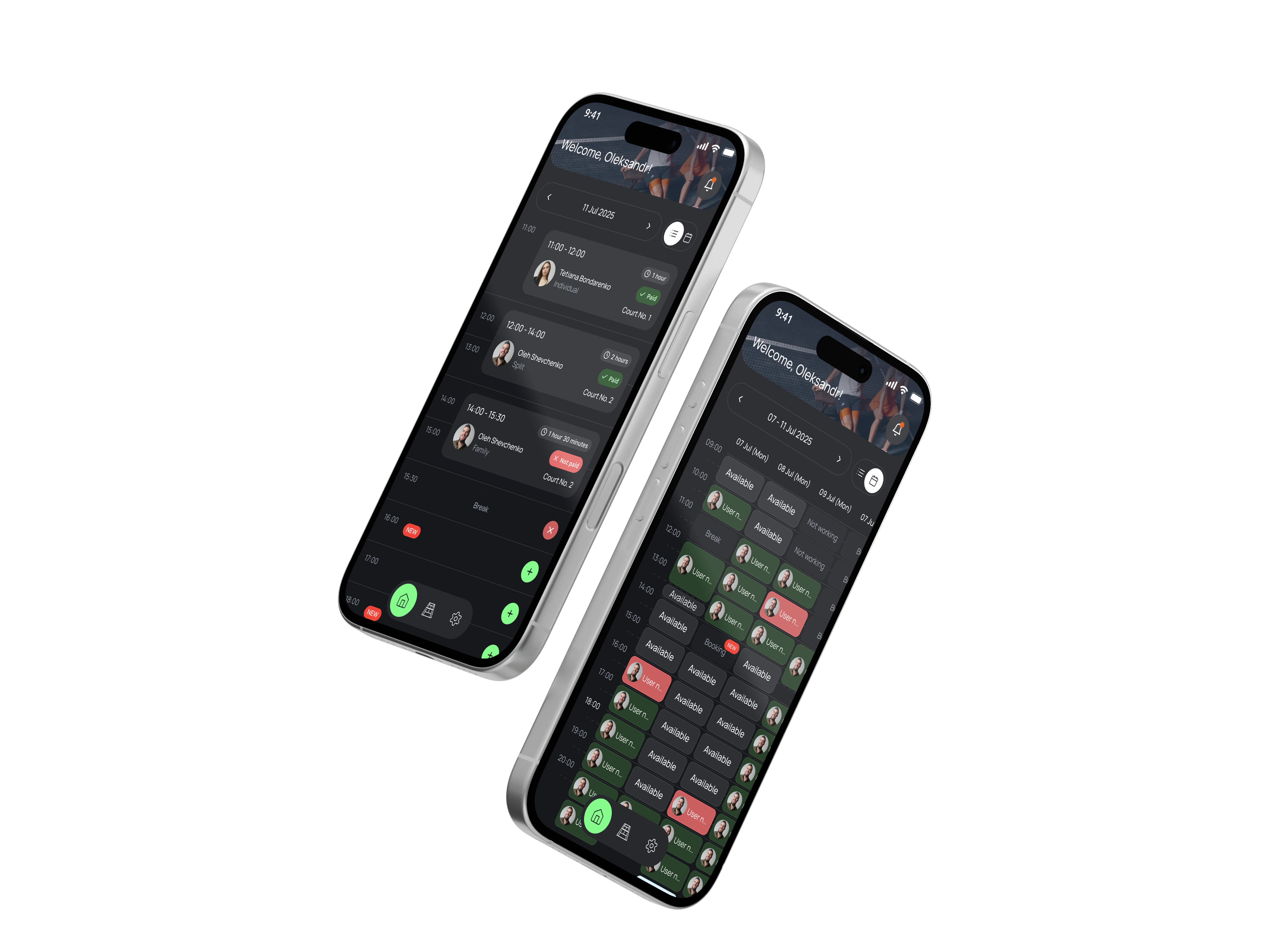 Player home screen with court schedule and tournaments